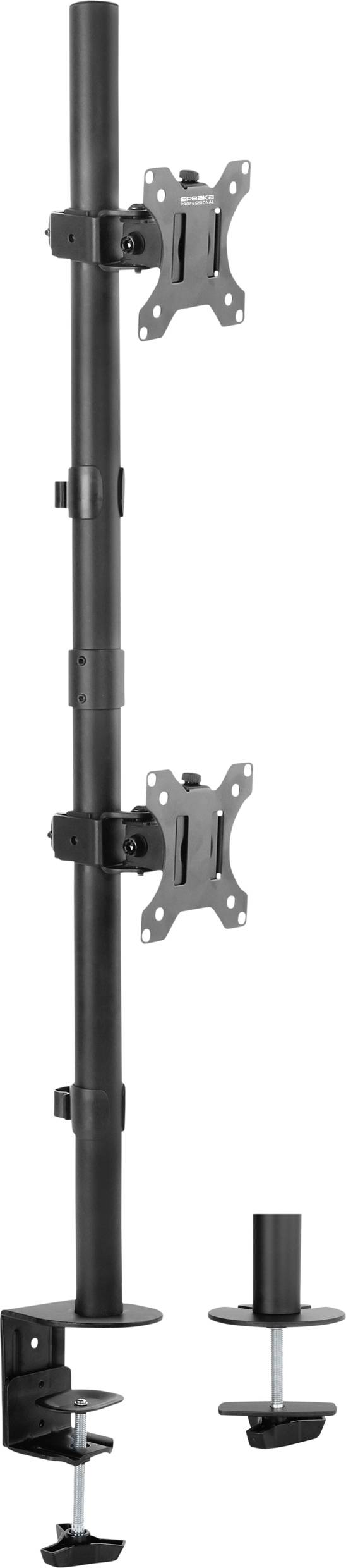 Dwie pionowe podstawy do monitorów wykonane z czarnego metalu, wyposażone w śruby do mocowania na krawędzi biurka.