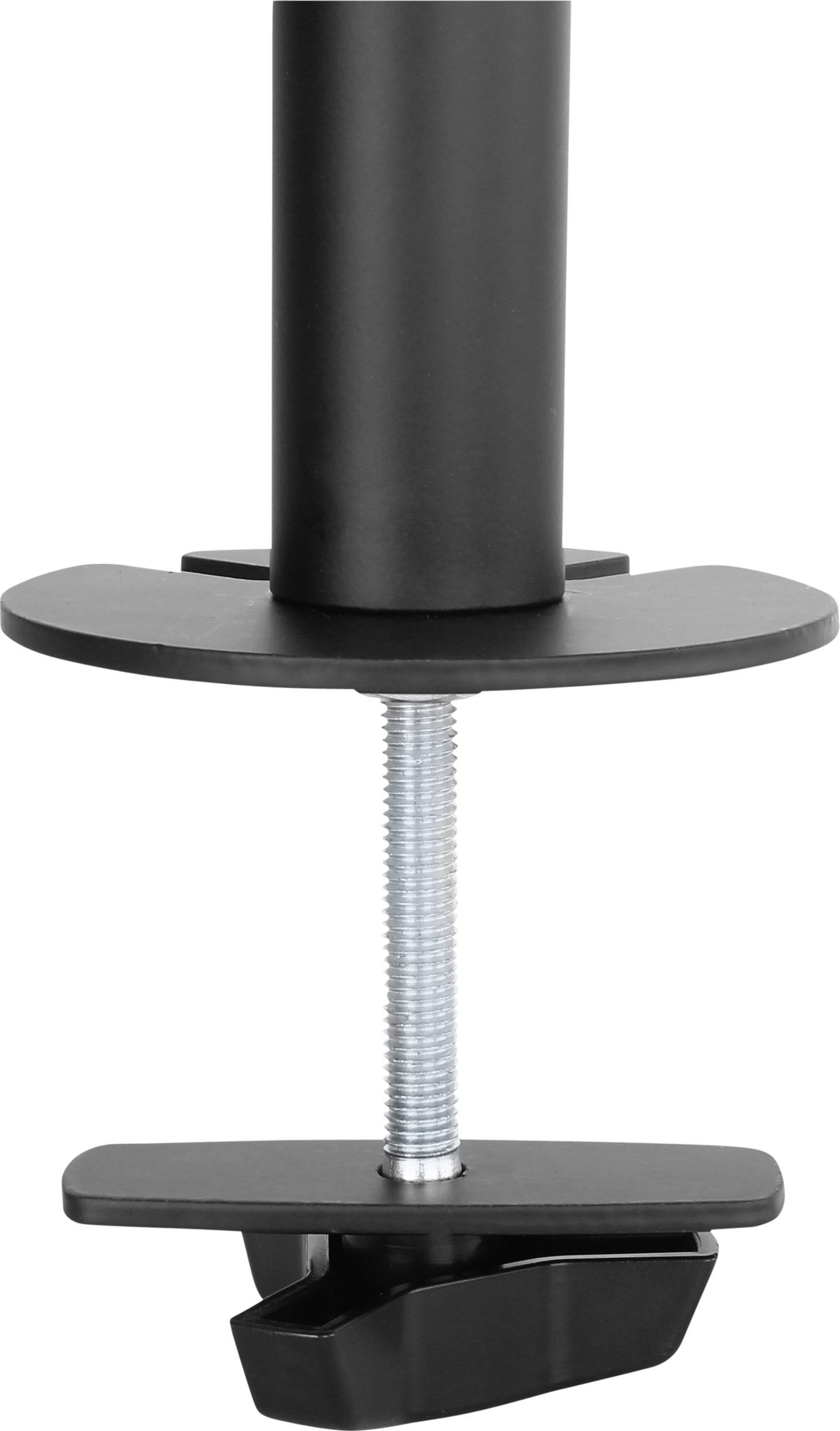 Czarna obejma do mocowania do stołu z metalową śrubą do zamocowania podstawy stołu.