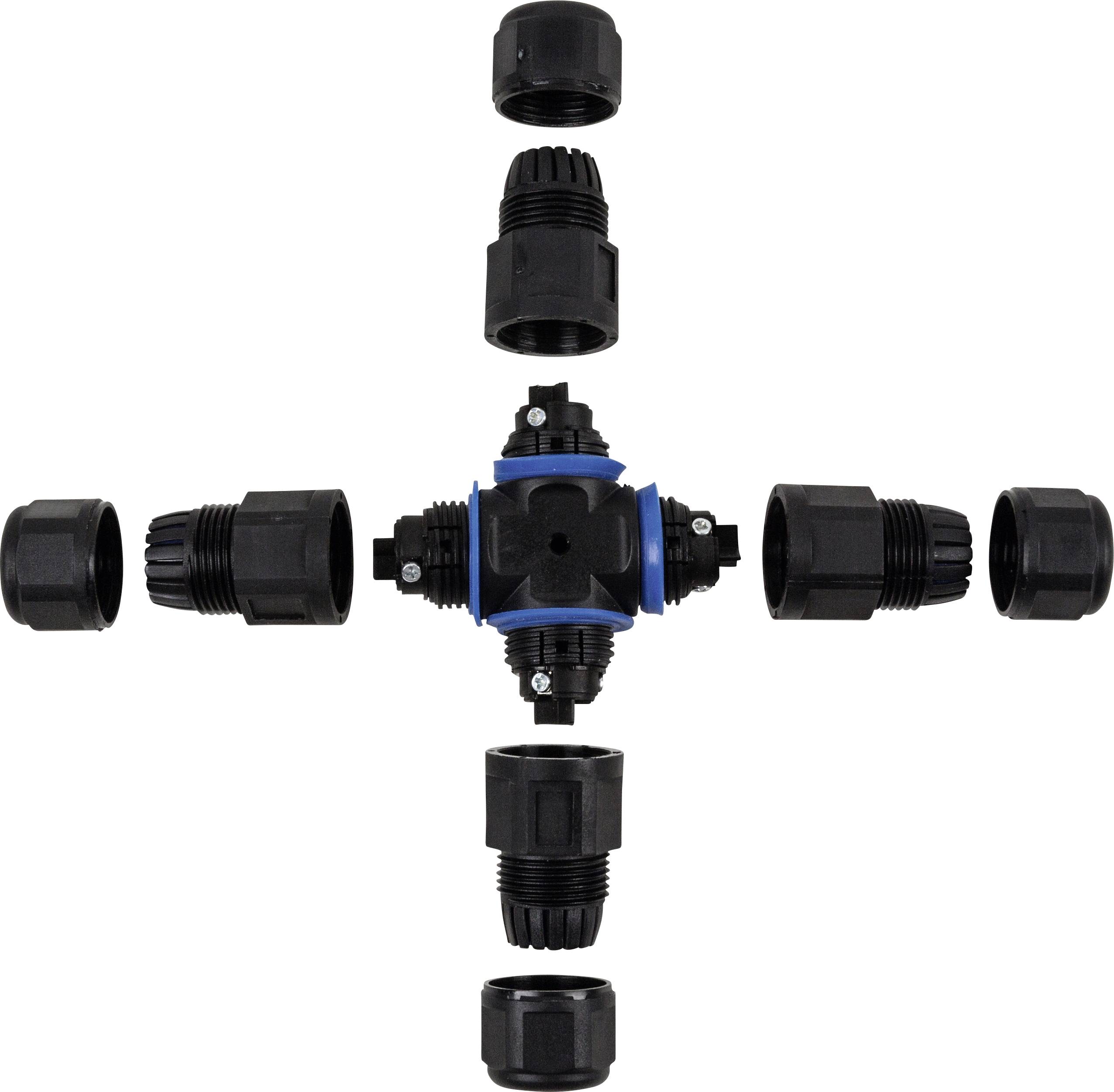 Czarny system łączników rurowych w kształcie krzyża z niebieskim centrum i czterema zdejmowanymi złączkami, rozmieszczonymi symetrycznie.