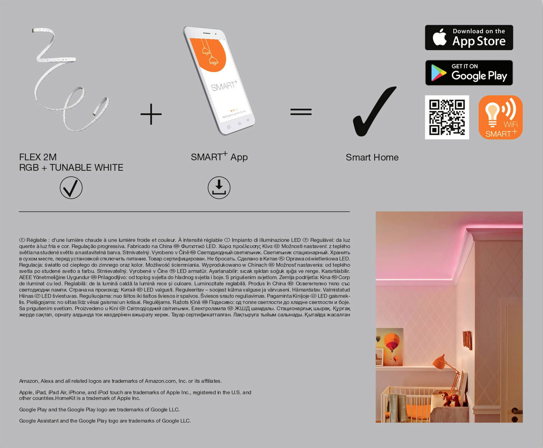 'FLEX 2M RGB + TUNABLE WHITE' oraz 'Aplikacja SMART' tworzą 'Smart Home'. Kod QR i linki do pobrania aplikacji. Zdjęcie przedstawia oświetlony pokój.
