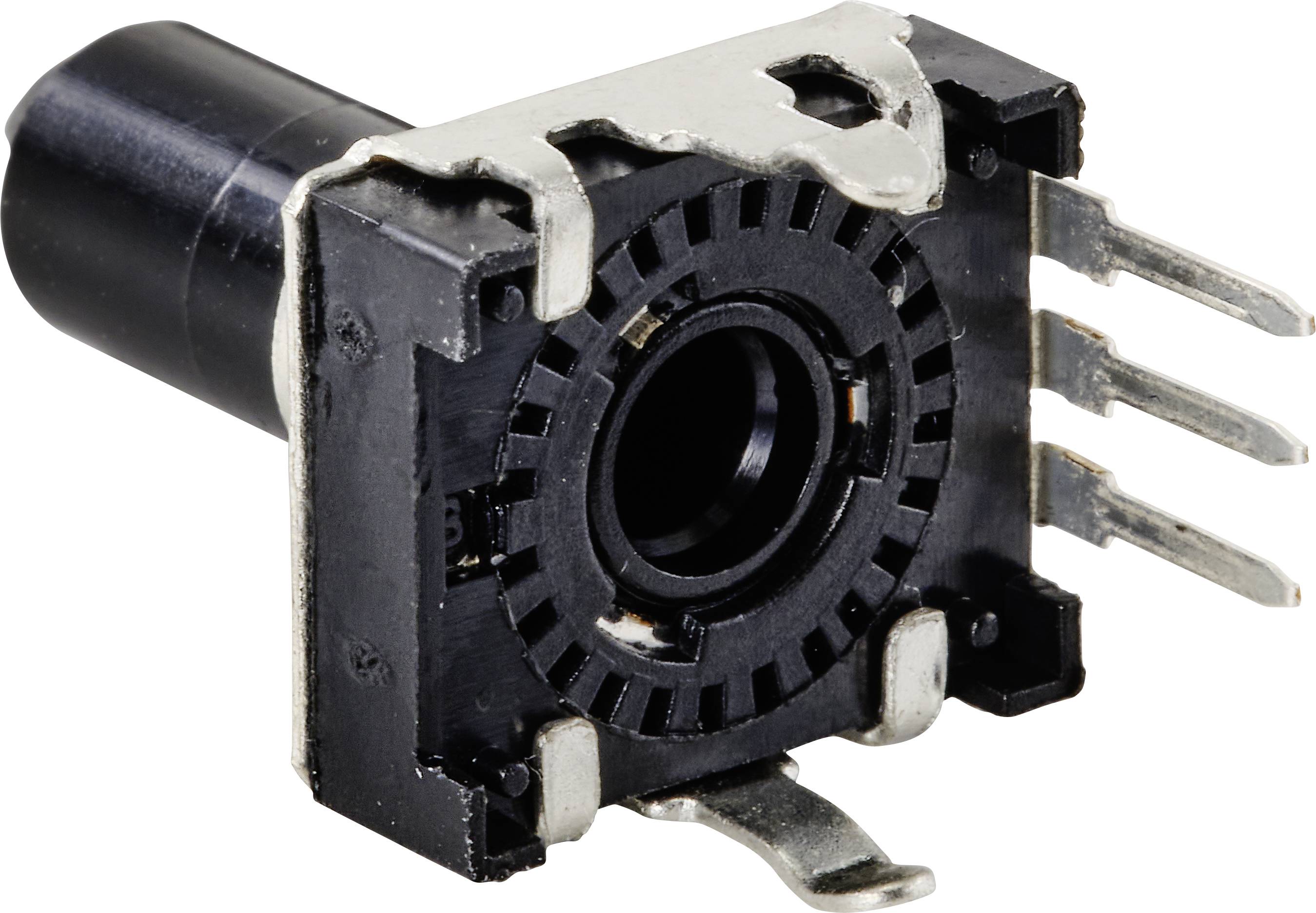 Czujnik enkodera obrotowego do urządzeń elektronicznych w czarnej obudowie z czterema stykami metalowymi.