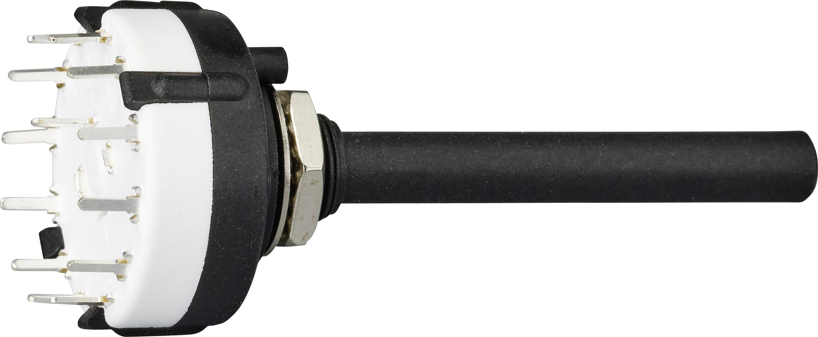 Elektryczny złącz wtykowy z wieloma metalowymi stykami, które wystają z okrągłej plastikowej podstawy.