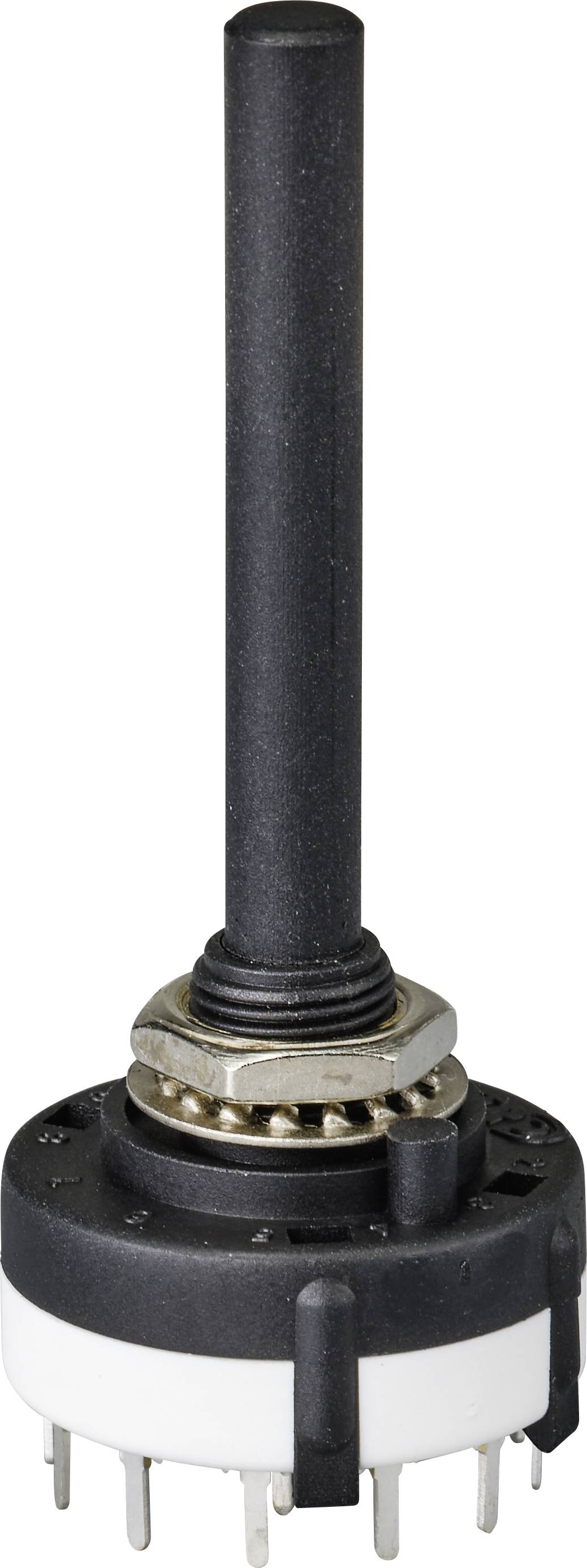 Przełącznik obrotowy z czarną dźwignią i wieloma złączami od spodu, przeznaczony do zastosowań elektronicznych.