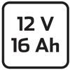 '12 V 16 Ah' białym drukiem na czarnym tle.