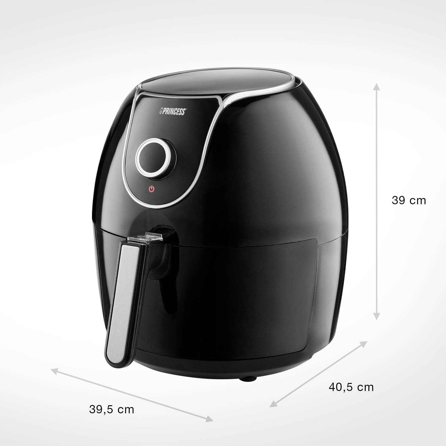 Czarna frytownica na gorące powietrze z srebrnymi akcentami. Wymiary: wysokość 39 cm, szerokość 39,5 cm, głębokość 40,5 cm.