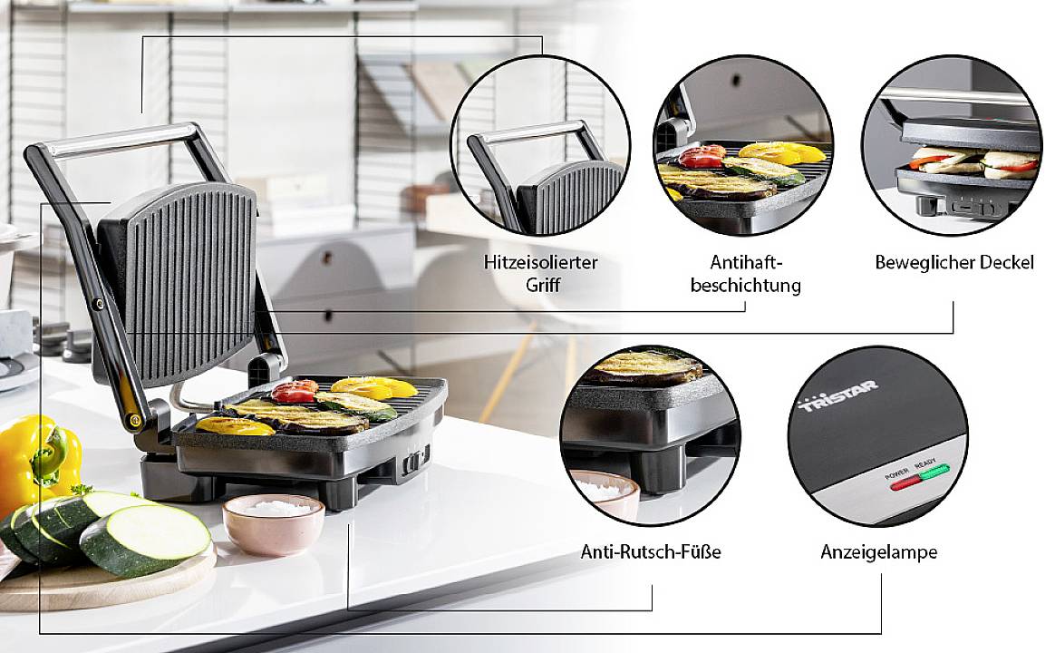 Grill kontaktowy z uchwytem izolowanym termicznie, powłoką nieprzywierającą i ruchomą pokrywą. Wyposażony w antypoślizgowe stopki i lampkę sygnalizacyjną.