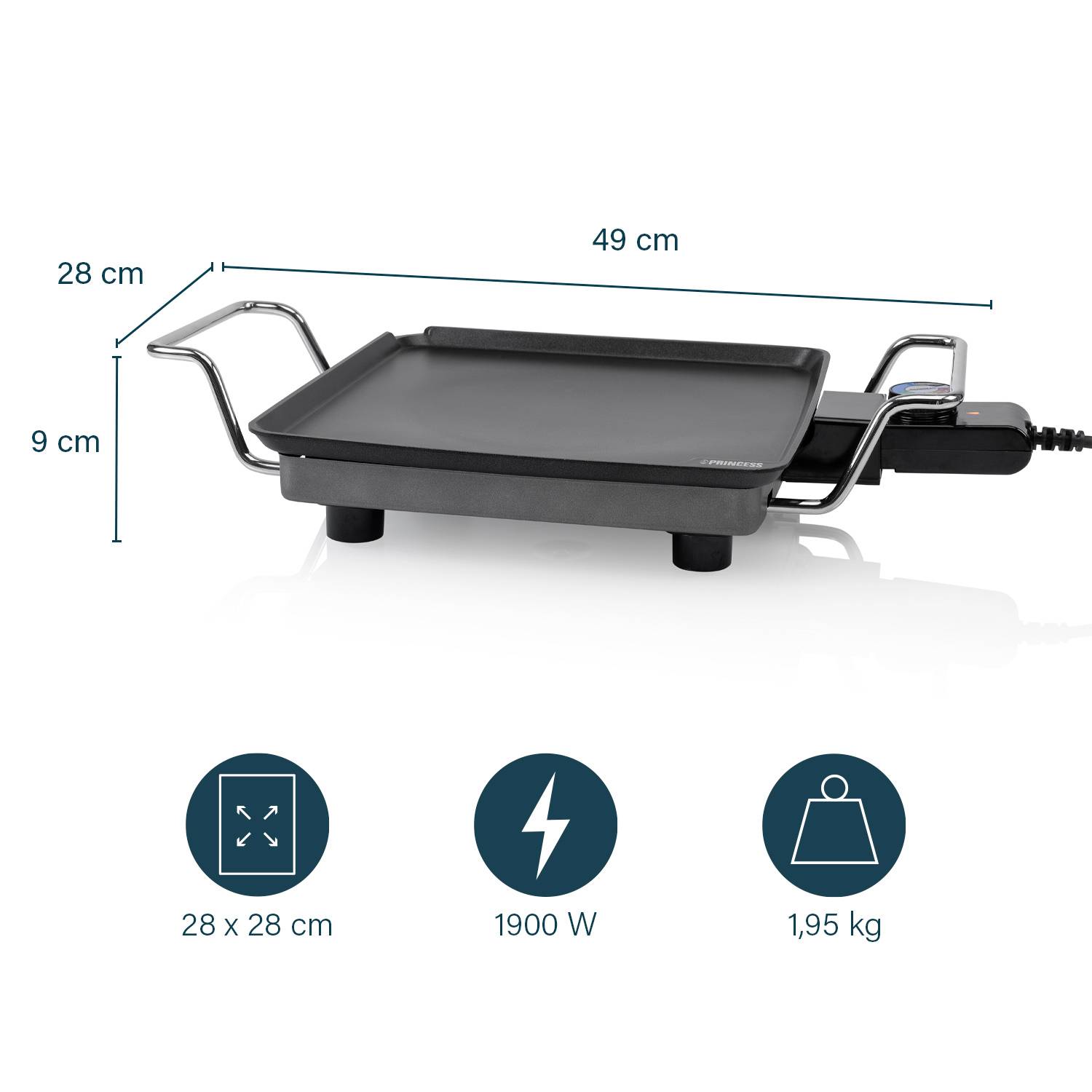 Elektryczna płyta grillowa o wymiarach 28 x 28 cm, moc: 1900 W, waga: 1,95 kg. Widok z boku z uchwytami i przewodem sieciowym.