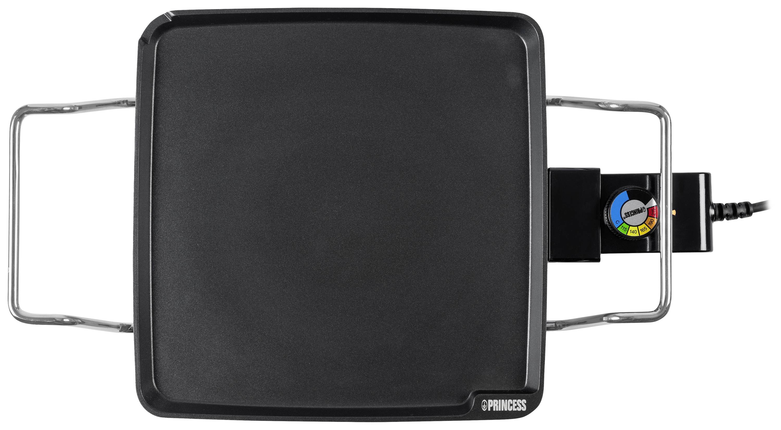 Nieprzywierająca płyta grillowa z chromowanymi uchwytami i regulatorem temperatury. Idealna do smażenia i grillowania różnych potraw.