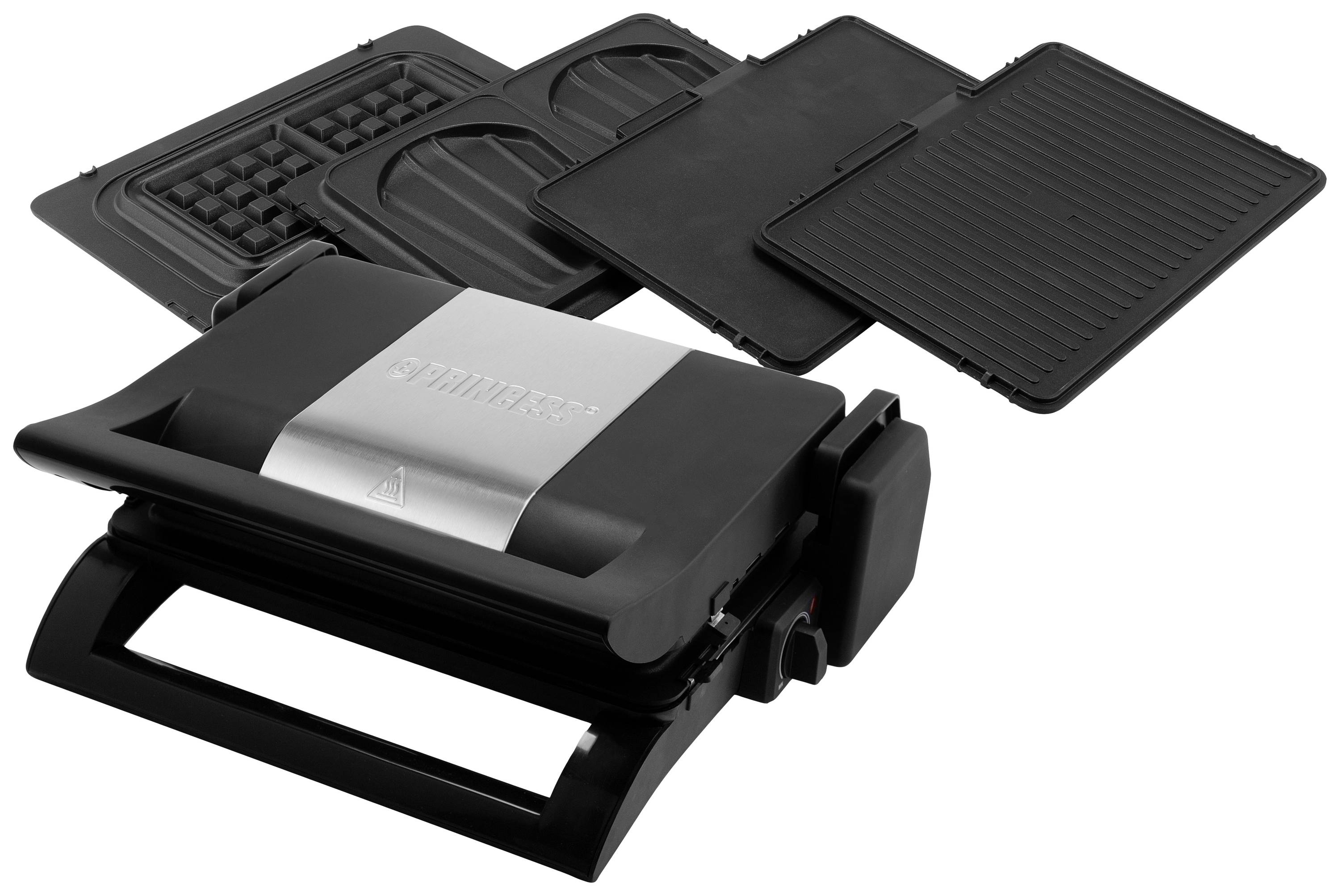 Wielofunkcyjne urządzenie kuchenne z czterema wymiennymi płytami: do gofrów, kanapek, grillowania i panini. Idealne do różnorodnego przygotowywania potraw.