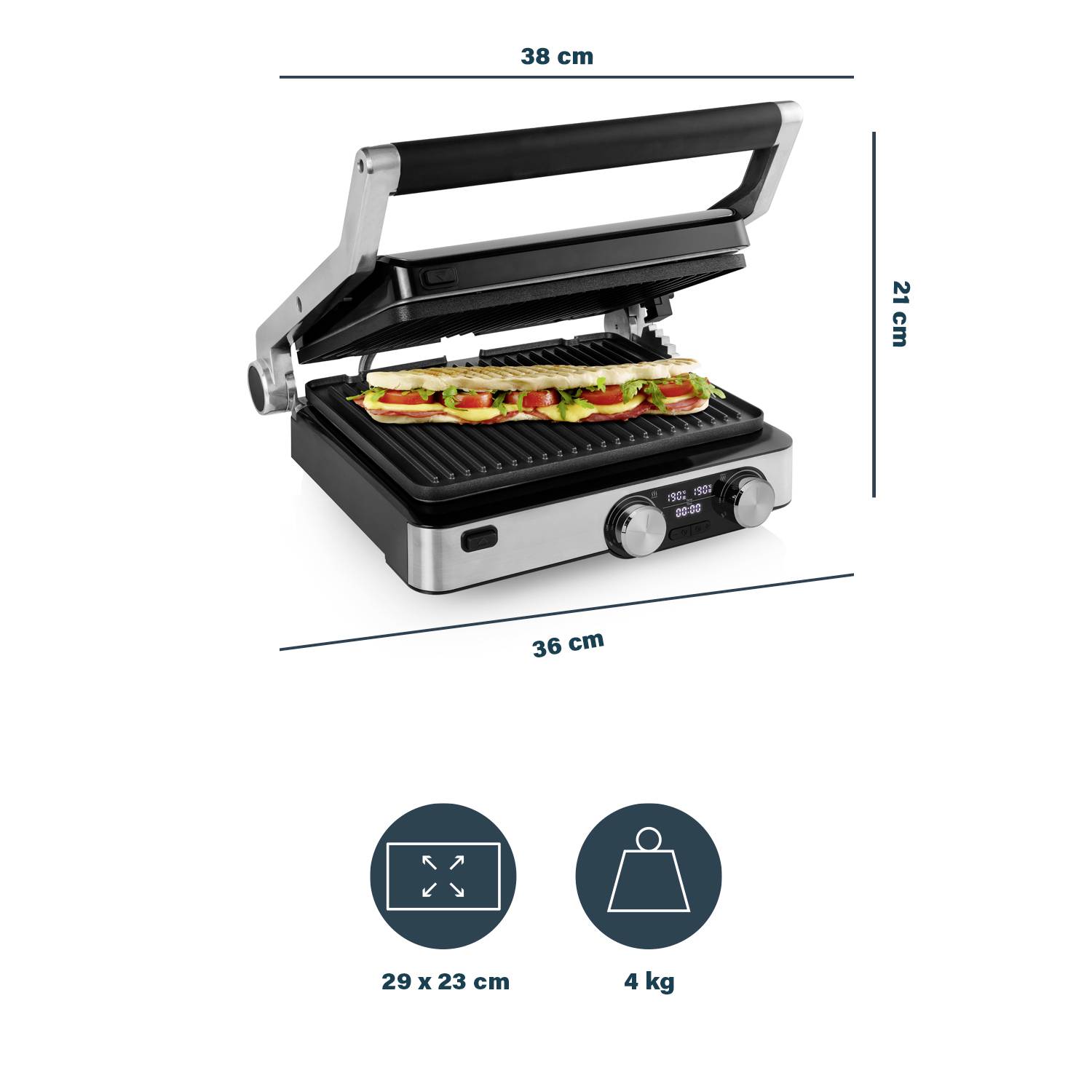 Grill panini, wymiary 38x21x36 cm, powierzchnia grillowania 29x23 cm, waga 4 kg, do kanapek i warzyw, odpowiedni do przygotowywania gorących kanapek.