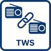 Dwa symbole radiowe połączone ogniwem łańcucha, nad którymi widnieje napis 'TWS'. Prawdopodobnie symbolizuje połączone systemy radiowe.