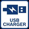 Symbol ładowarki USB na niebieskim tle z symbolami wtyczki i błyskawicy, pod spodem napis