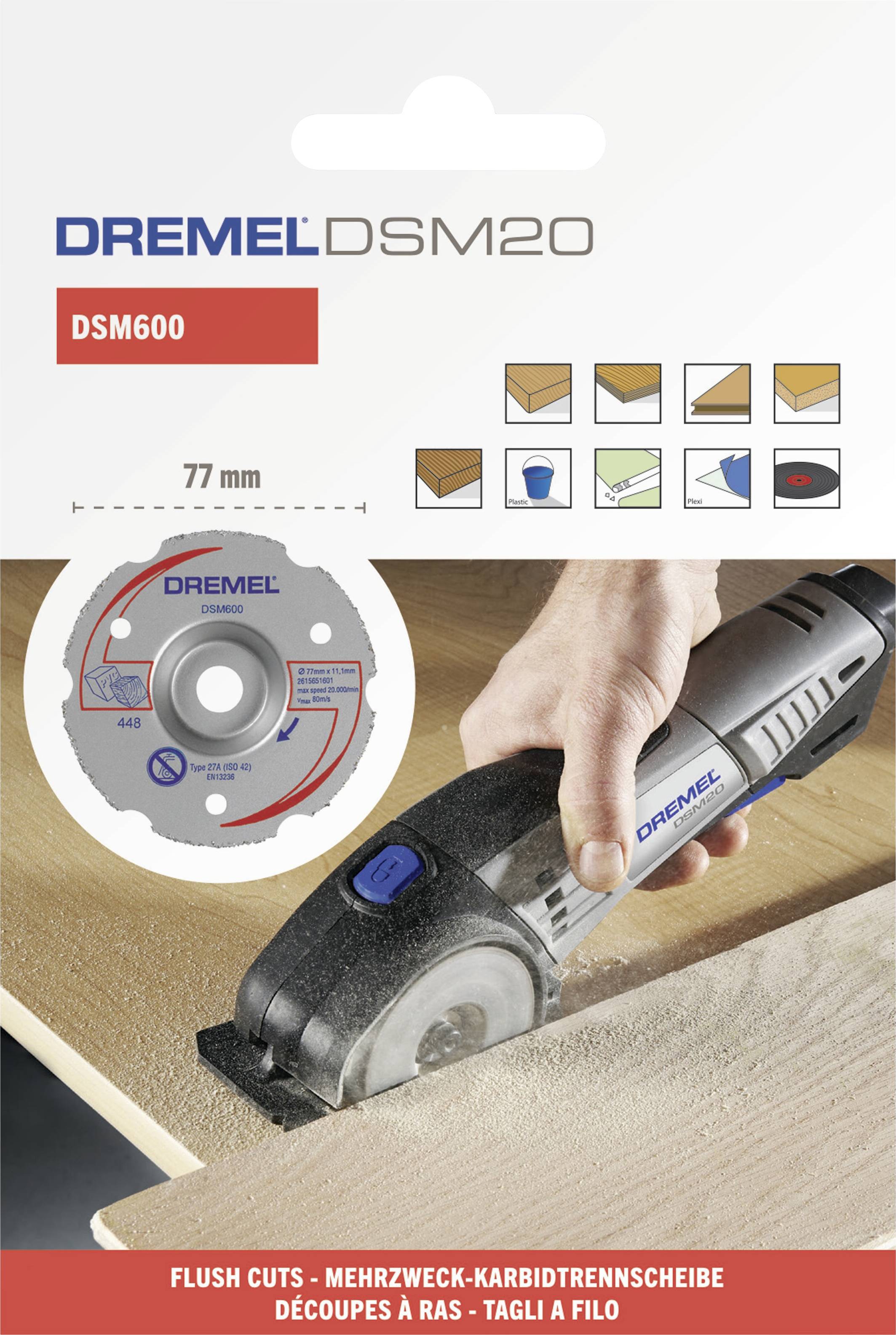 Dremel DSM20 DSM600: Wielofunkcyjne narzędzie do precyzyjnego cięcia. Prezentuje zastosowanie na drewnie z przedstawioną tarczą tnącą.