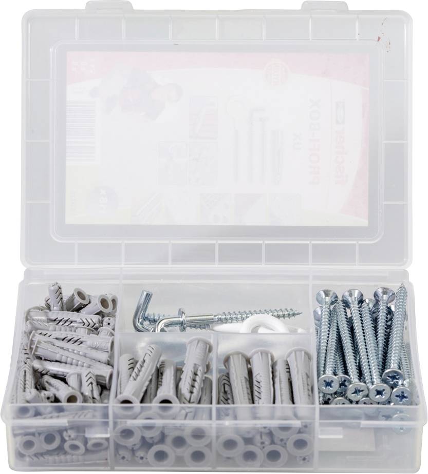 Przezroczyste plastikowe pudełko z różnymi śrubami i kołkami w przegródkach. Zawiera metalowe kątowniki, dopasowane kołki i śruby.