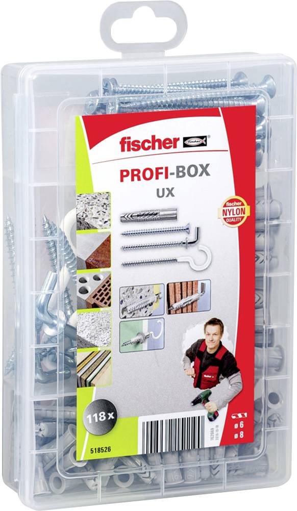 Przezroczyste pudełko z tworzywa sztucznego zawierające 118 elementów mocujących marki Fischer, w tym śruby i kołki, przeznaczonych do różnych materiałów.