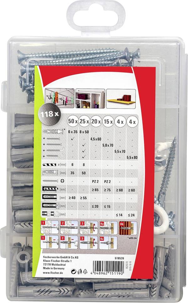 Opakowanie zawiera 118 kołków i śrub w różnych rozmiarach, zilustrowane przykładami zastosowań na ścianach i różnych materiałach.