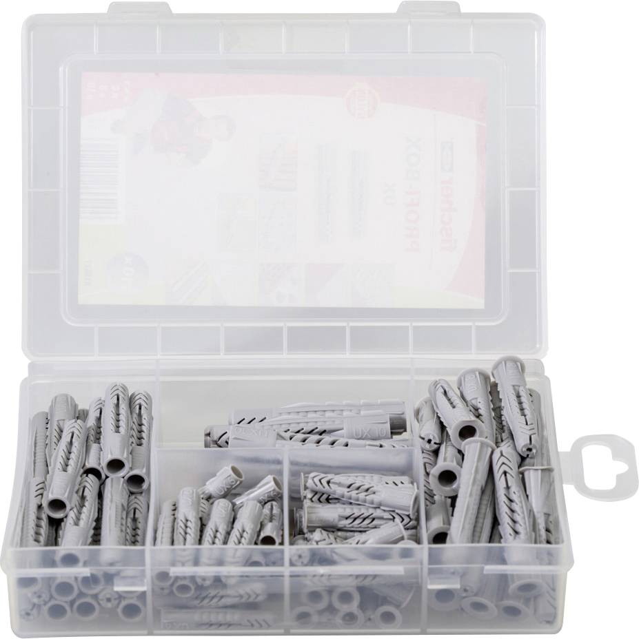 Otwarte pudełko plastikowe z wieloma przegródkami, wypełnione szarymi kołkami z tworzywa sztucznego w różnych rozmiarach.