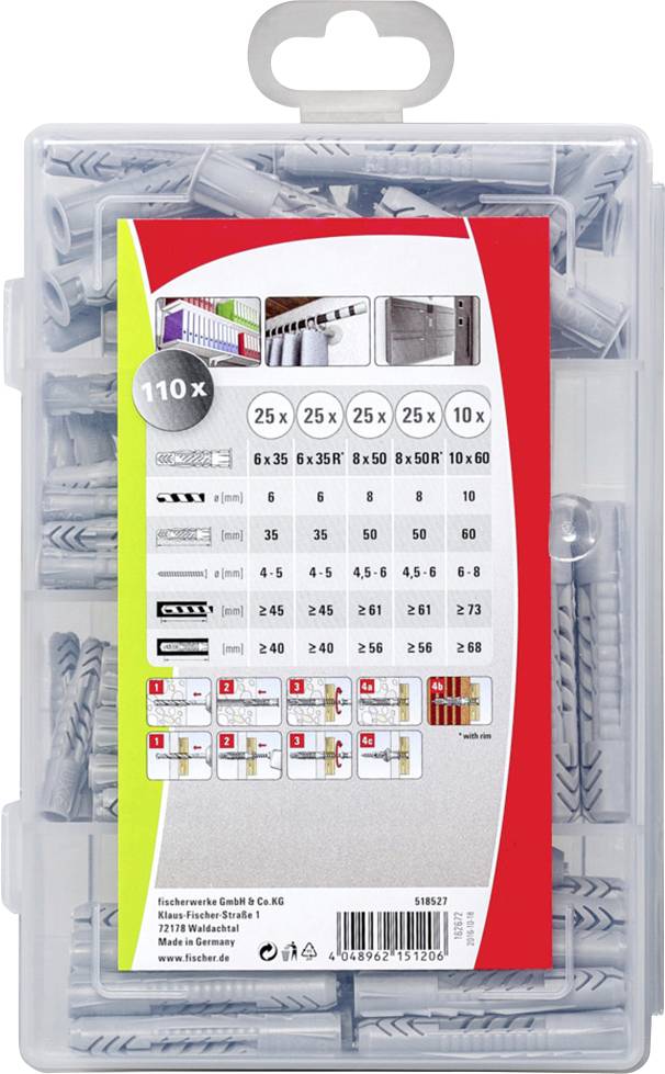 Opakowanie 110 szarych kołków rozporowych w różnych rozmiarach, przedstawione z etykietą prezentującą ich rozmiary i przeznaczenie.