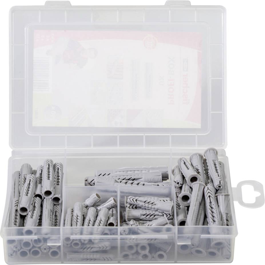 Otwarte plastikowe pudełko z różnymi szarymi kołkami rozmieszczonymi w poszczególnych przegródkach, gotowe do użycia w projektach budowlanych.