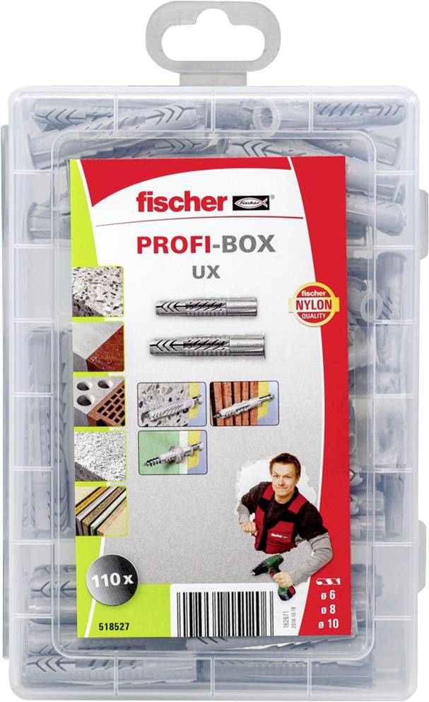 Pudełko z kołkami rozporowymi Fischer UX o jakości nylonowej, ilustracja przedstawia przykłady zastosowania i zawiera obraz osoby w kombinezonie roboczym.