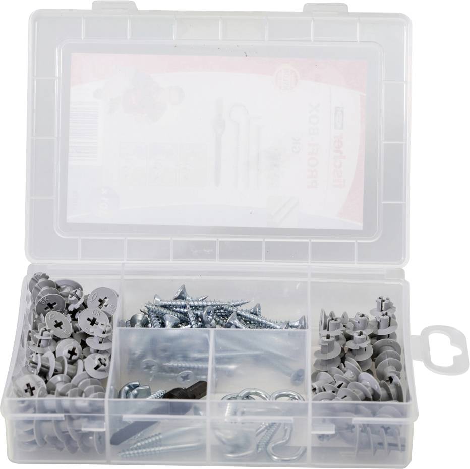 Plastikowe pudełko z różnymi śrubami i kołkami w posortowanych przegródkach, otwarte.
