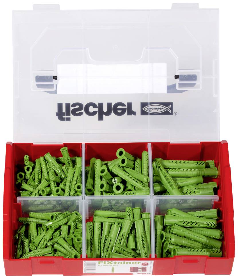 Plastikowe pudełko z przezroczystym wieczkiem, zawierające zielone kołki w sześciu przegródkach. Na wieczku widnieje napis 'fischer'.