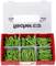 Plastikowe pudełko z przezroczystym wieczkiem, zawierające zielone kołki w sześciu przegródkach. Na wieczku widnieje napis 'fischer'.