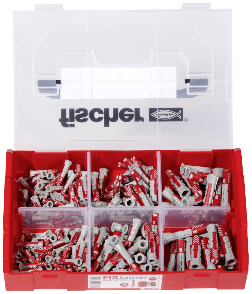 Czerwona skrzynka narzędziowa z przezroczystą pokrywą, wypełniona czerwonymi i szarymi kołkami w sześciu przegródkach.