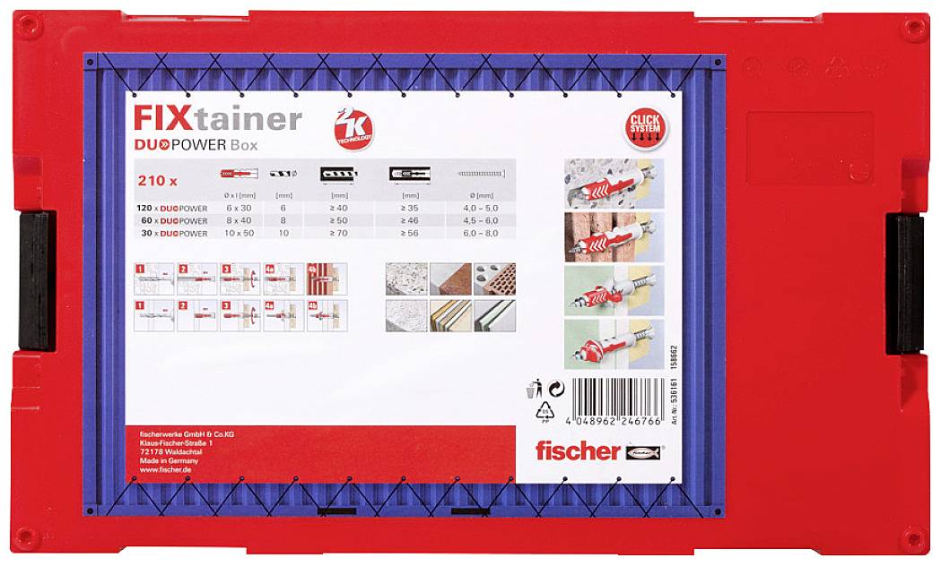 Kontener 'FIXtainer DUOPOWER Box' firmy Fischer z 210 elementami w czerwonym pudełku. Szczegóły produktu oraz zdjęcia zastosowań dla różnych materiałów.