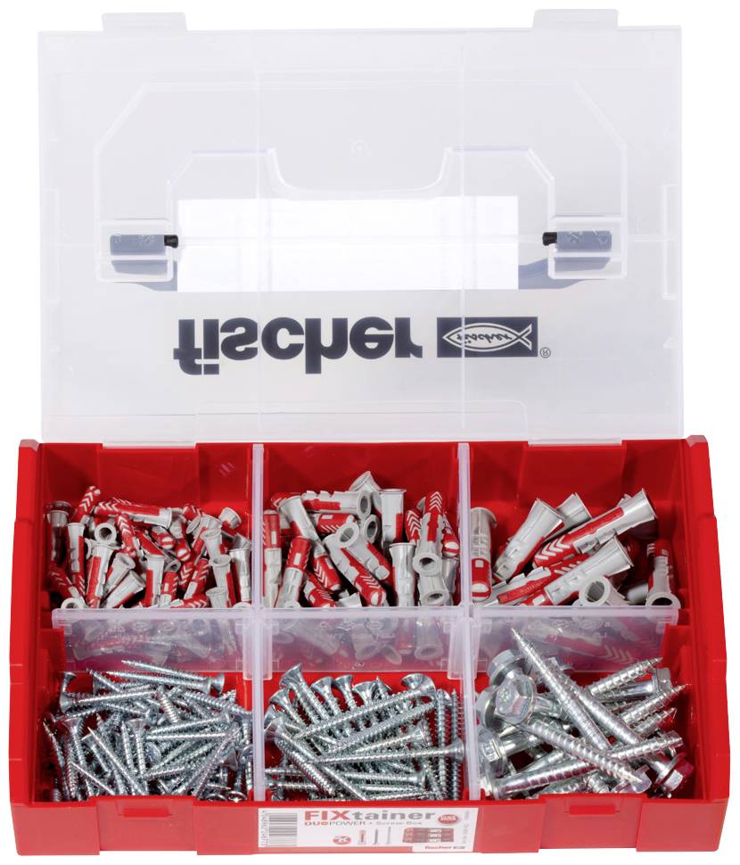 Otwarte czerwone pudełko z sześcioma przegródkami, w których znajdują się różne śruby i kołki. Na górze widnieje logo producenta.