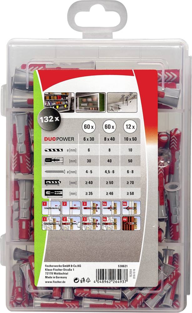 Opakowanie zawiera 132 kołki w różnych rozmiarach. Na odwrocie przedstawiono zastosowania oraz dane dotyczące wymiarów.