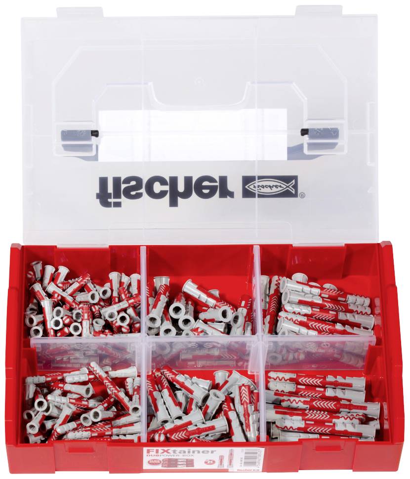 Otwarty, czerwony plastikowy pojemnik z różnymi szarymi i czerwonymi kołkami. Pokrywa pokazuje logo popularnej marki kołków.