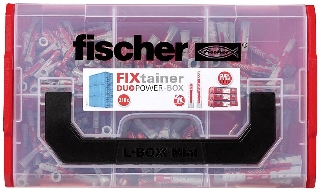 Przezroczyste pudełko z tworzywa sztucznego z czerwonymi i szarymi kołkami; etykieta 'fischer FIXtainer DUOPOWER-BOX'. Zawiera dwa logo fischer.