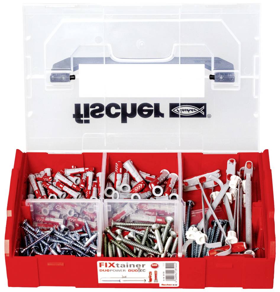 Pudełko asortymentowe z kołkami i śrubami w kolorach czerwonym, szarym i metalicznym, zorganizowane w osobnych przegródkach dla łatwego wyjmowania.