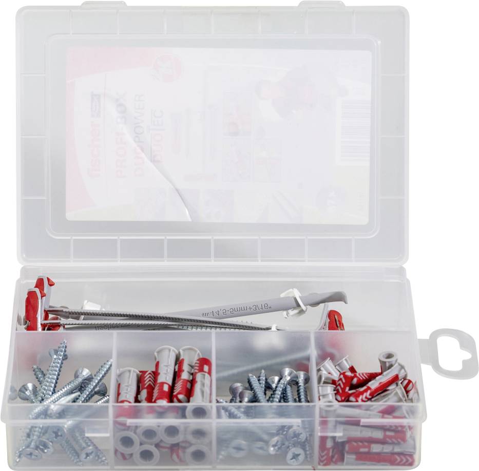 Przezroczyste pudełko z tworzywa sztucznego z przegródkami, wypełnione różnymi śrubami, kołkami rozporowymi i metalowym narzędziem.