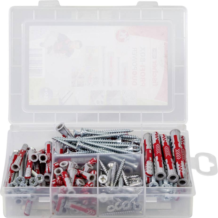 Plastikowe pudełko z przegródkami zawierające różne kołki, śruby i nakrętki.