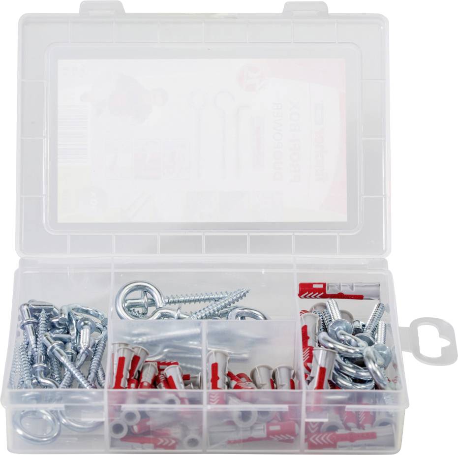 Plastikowe pudełko z otwartą pokrywką, zawierające różne śruby, śruby z uchem i kołki rozporowe.