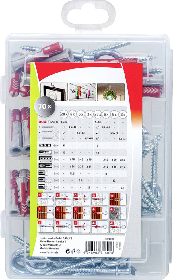 Plastikowe pudełko ze śrubami i kołkami. Na przedniej stronie znajdują się informacje tabelaryczne dotyczące rozmiarów kołków i odpowiadających im śrub do montażu.