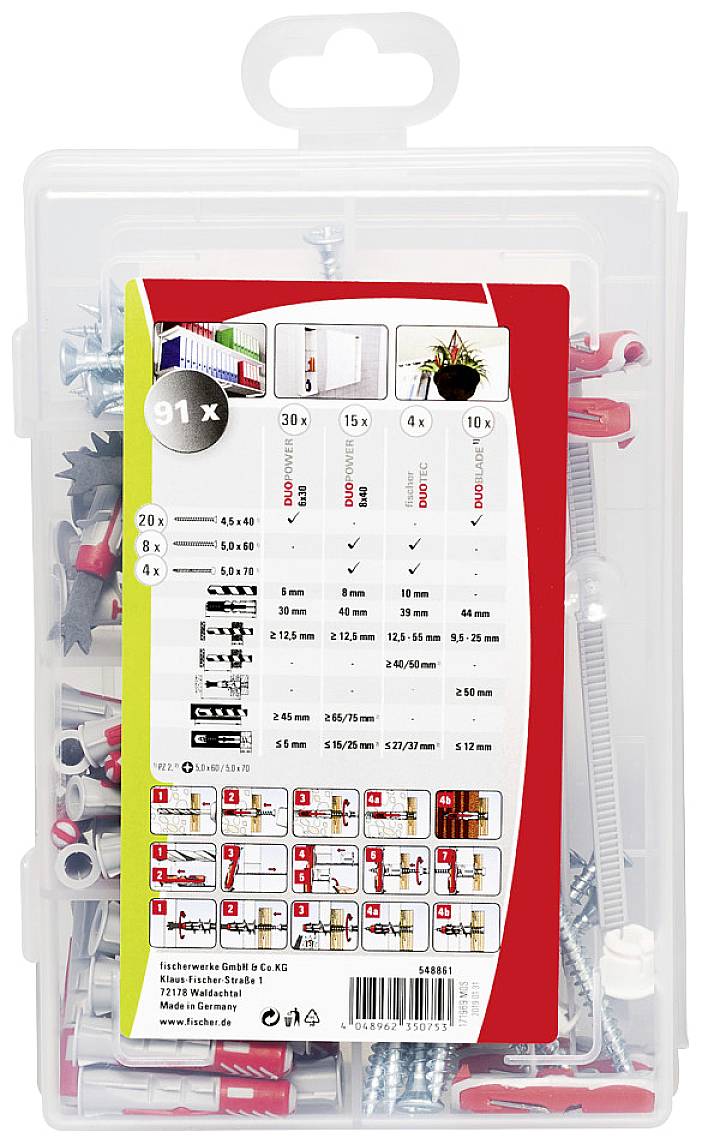 Opakowanie zawiera 91-elementowy zestaw mocujący, w tym śruby i kołki. Tabela na odwrocie przedstawia wskazówki dotyczące użycia oraz rozmiary.