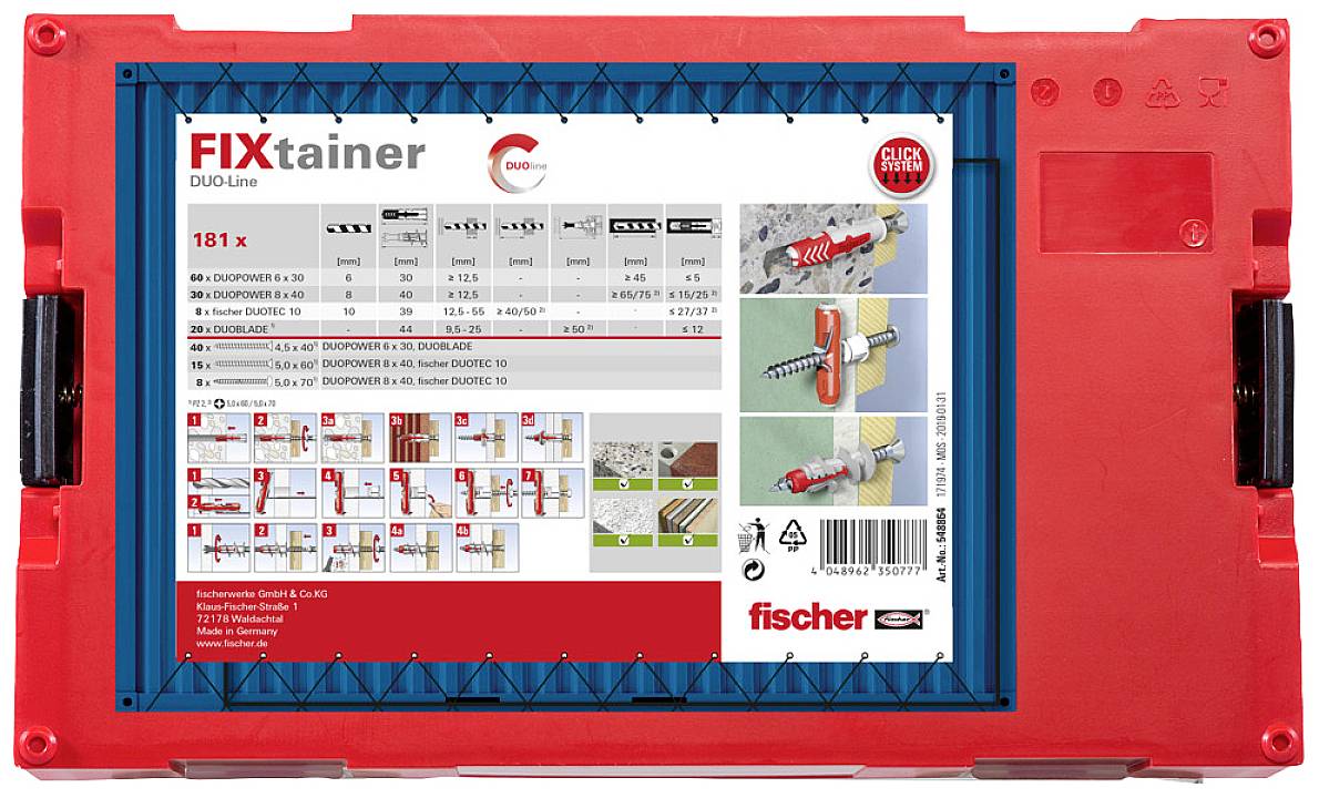 Czerwony FIXtainer firmy Fischer, model DUO-Line, zawiera 181 elementów. Na etykiecie zamieszczone są wskazówki dotyczące stosowania oraz listy akcesoriów.