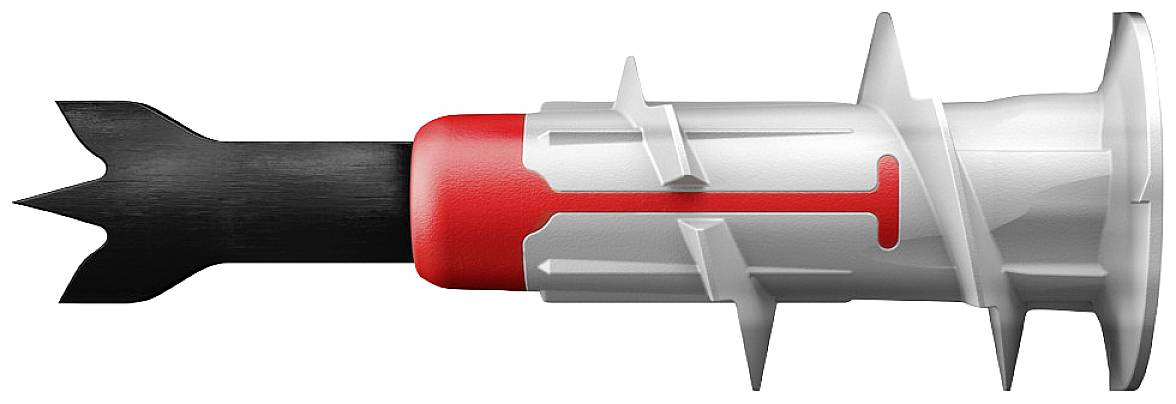 Kołek rozporowy z czarno-czerwonym plastikiem i białymi skrzydełkami, służący do pewnego mocowania śrub w ścianach.