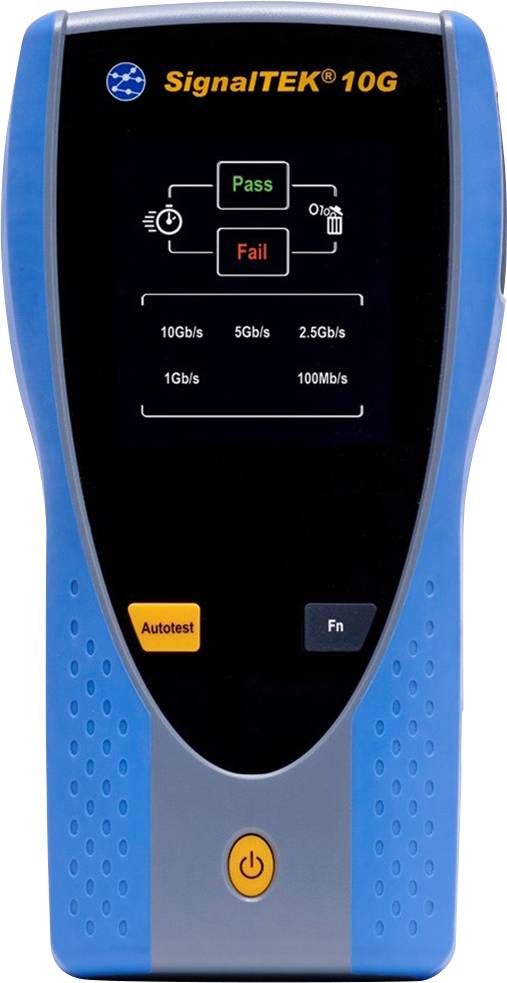 Poręczne urządzenie testujące do sieci z cyfrowym wyświetlaczem pokazuje wyniki testów 'Zaliczony' i 'Niezaliczony'. Różne opcje prędkości: od 10 Gb/s do 100 Mb/s.