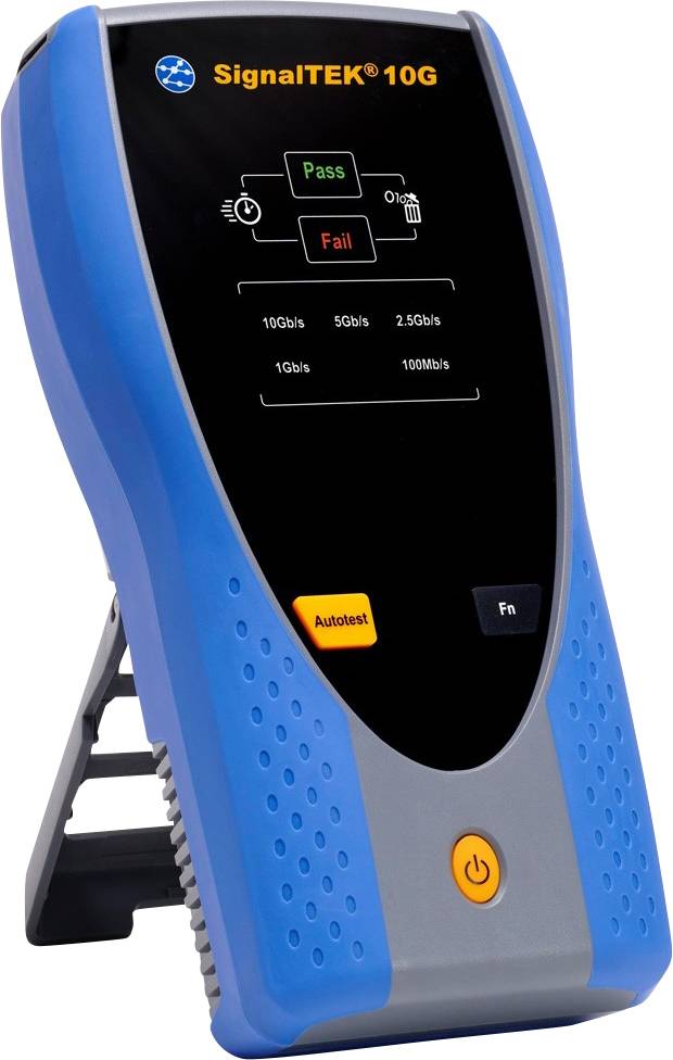 Urządzenie ręczne z wyświetlaczem pokazujące wskaźniki LED 'Pass' i 'Fail', opcje prędkości od 1Gb/s do 10Gb/s, duży pomarańczowy przycisk.