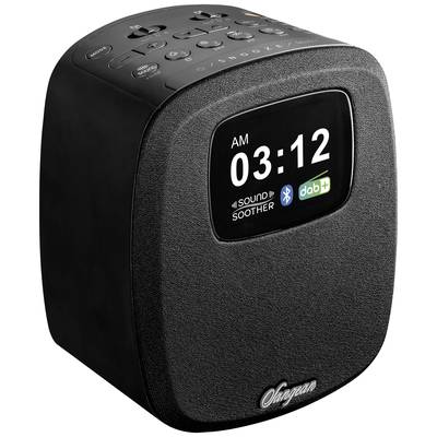Cyfrowy radiobudzik w kolorze czarnym z wyświetlaczem LED, wskazujący '03:12 AM', z symbolami Bluetooth i DAB+. Na górze przyciski sterujące.