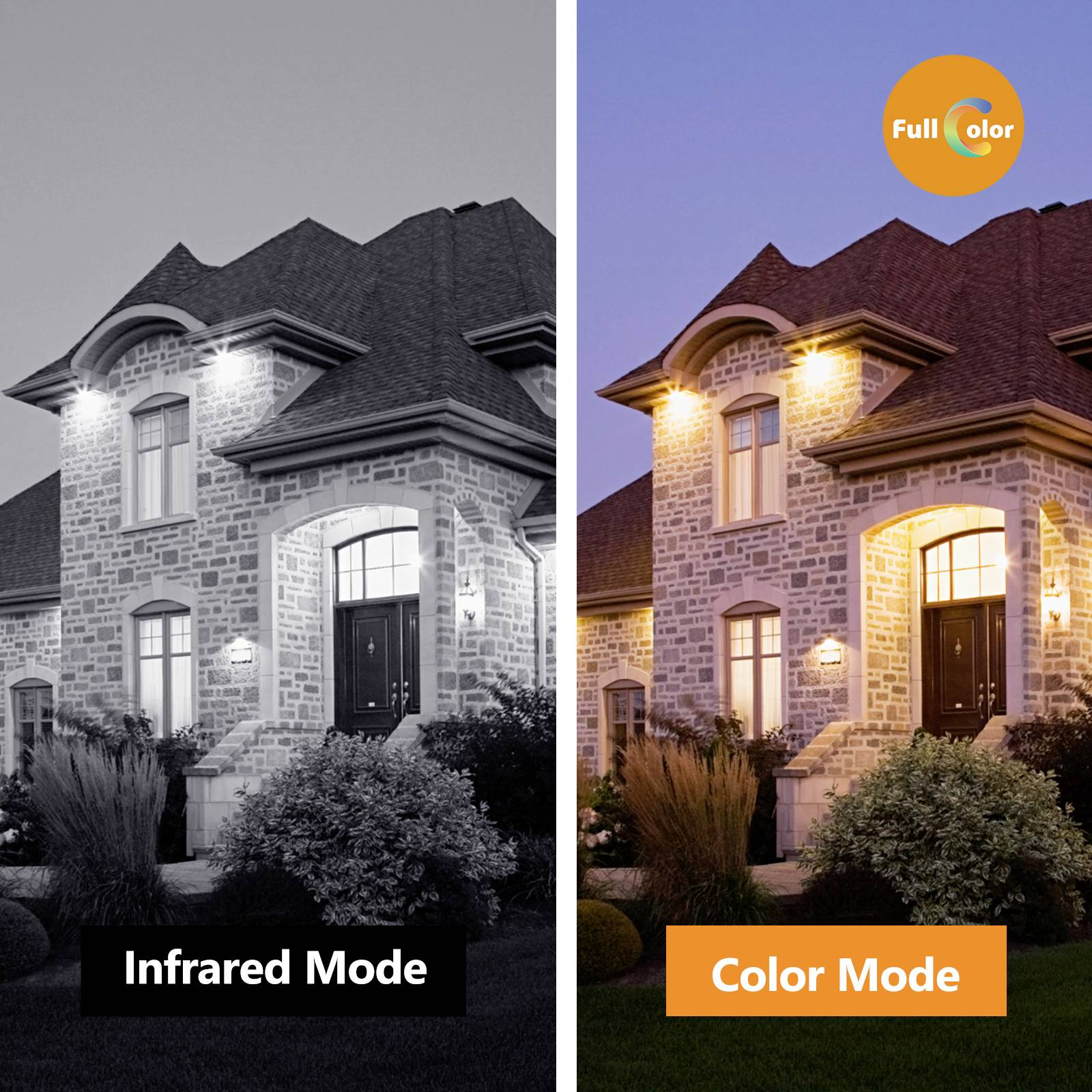Dom w porównaniu: po lewej stronie tryb podczerwieni pokazuje obraz czarno-biały, po prawej tryb kolorowy podkreśla ciepłe kolory i szczegóły nocą.