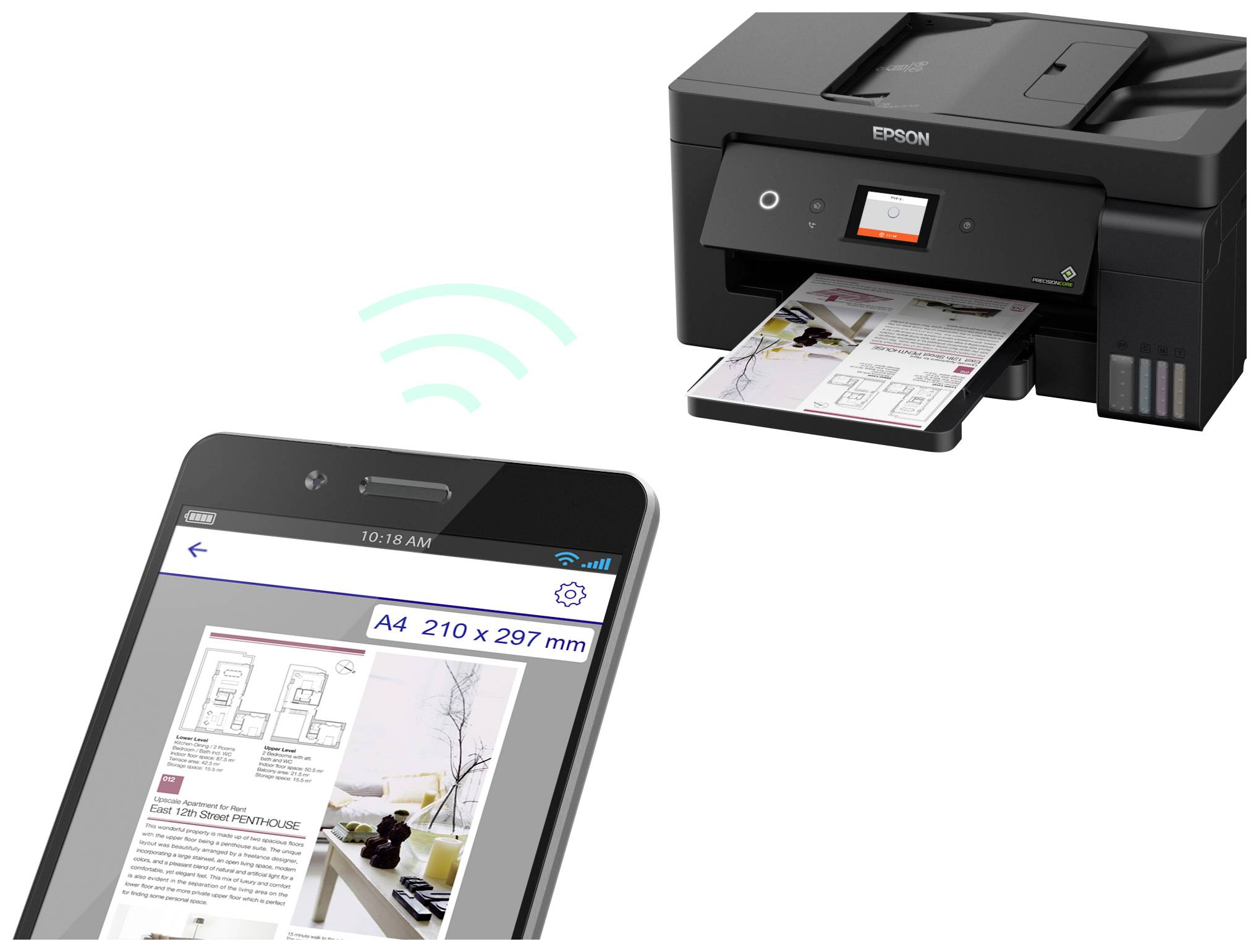 Smartfon wysyła zlecenie wydruku do drukarki przez sieć Wi-Fi. Na drukarce leży arkusz papieru A4 z wydrukowanym tekstem i obrazami.