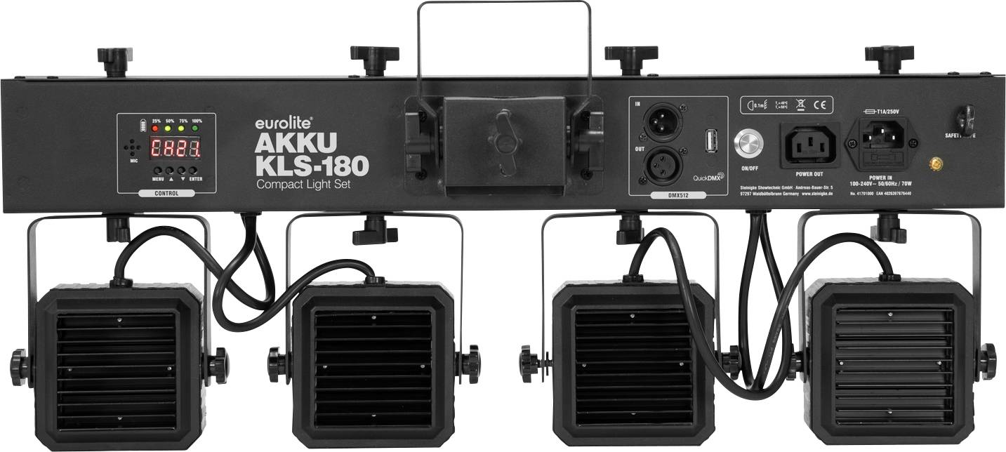 Eurolite AKKU KLS-180 Kompaktowy zestaw świateł z czterema kwadratowymi reflektorami, odpowiedni do oświetlenia scenicznego, zamontowany na metalowym stelażu.