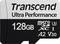 Karta micro SD z napisem 'Transcend Ultra Performance', o pojemności 128 GB, klasy szybkości microSDXC UHS-I, A2, V30.