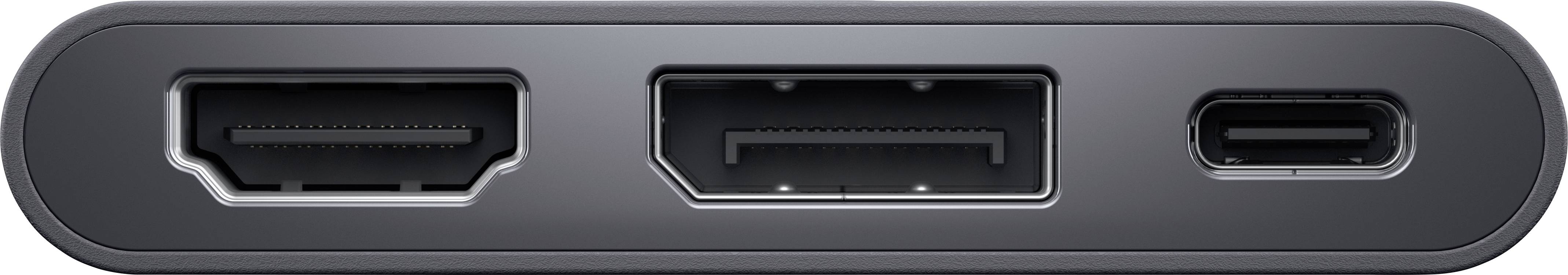 Zdjęcie przedstawia złącze HDMI, złącze DisplayPort oraz złącze USB-C ułożone obok siebie na czarnej płycie.