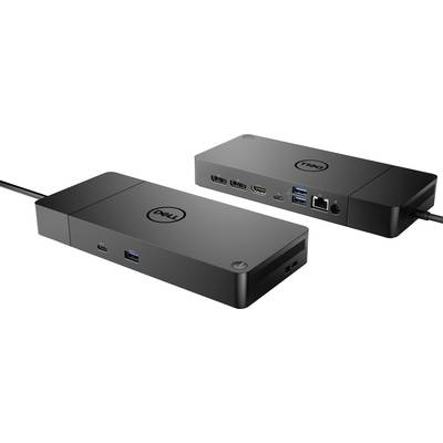 Na ilustracji przedstawiono dwie czarne stacje dokujące Dell z wieloma opcjami podłączenia, w tym złączami USB-C, HDMI oraz Ethernet.